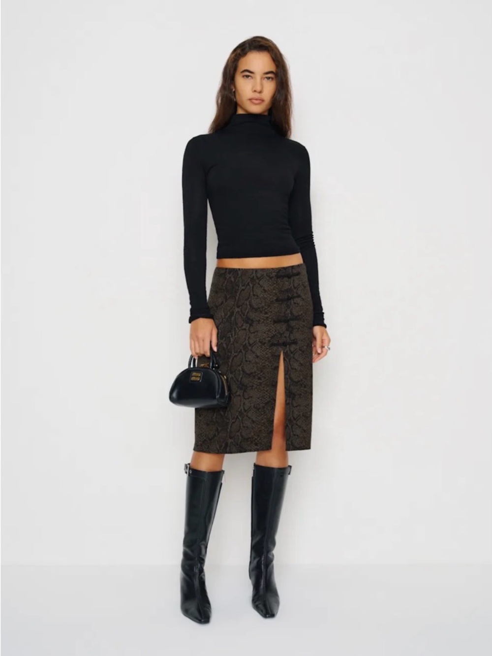 Reformation jeane skirt in venom front Slit - Black/Brown